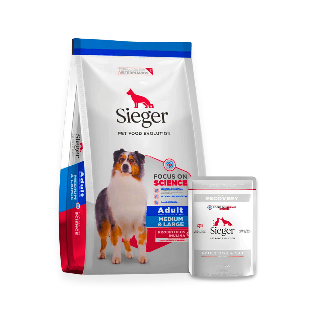 Combo Sieger Adulto Razas Medianas y Grandes 3kg + Pouch Húmeda Recovery 100g 3 kg Seco + Pouch Recovery 100g
