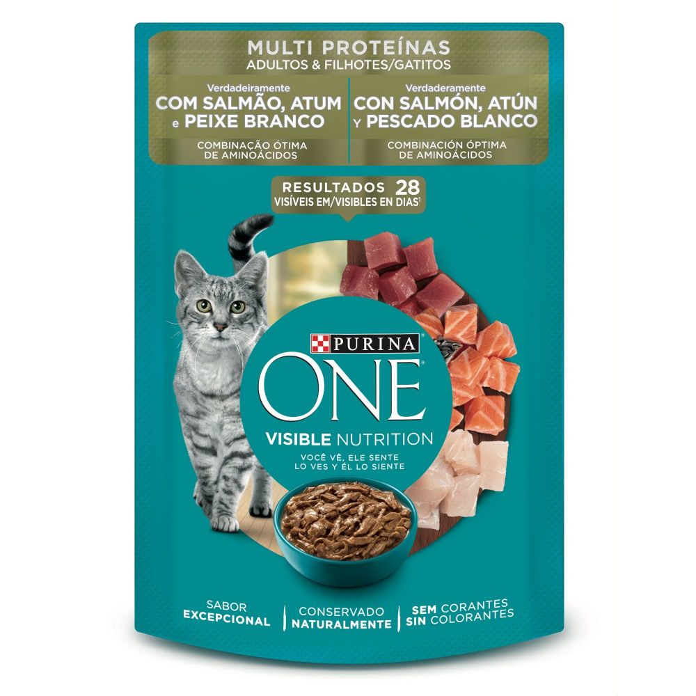 Alimento Húmedo Purina One para gatitos y gatos adultos sabor salmón, atún y pescado blanco 85 g