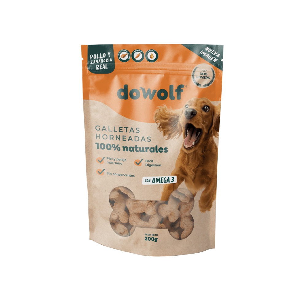 Snack Seco Para Perro Dowolf Galletas Pollo y Zanahoria Con Omega 3 200 g