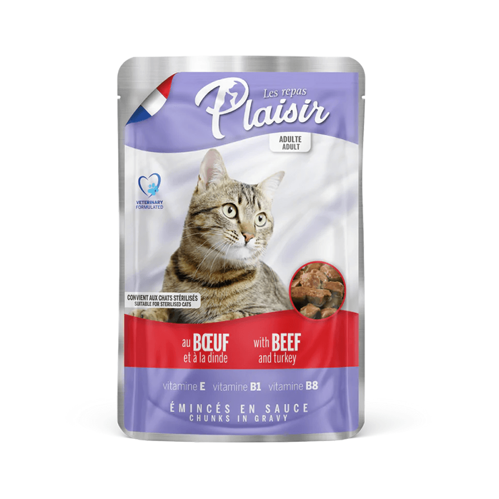 Alimento Húmedo Gato Plaisir Pouch Trozos Res Y Pavo En Salsa 100 g