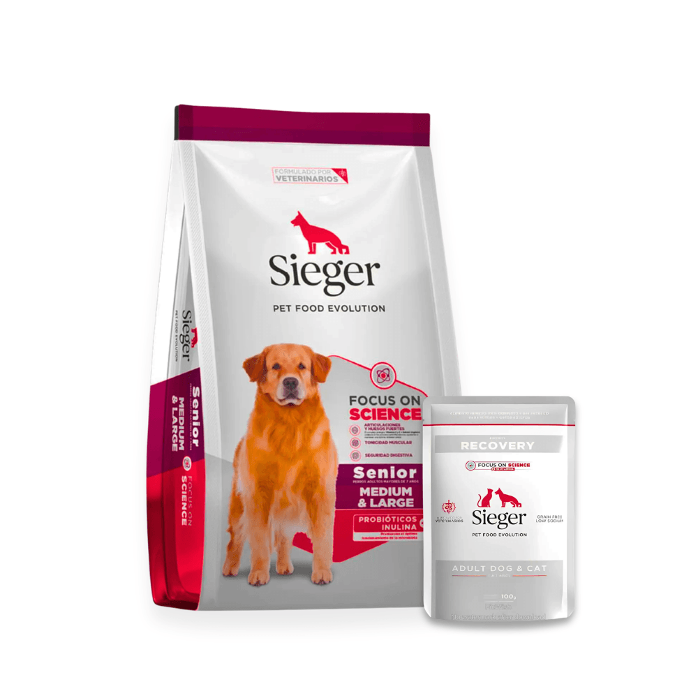 Combo Sieger Senior +7 Razas Medianas y Grandes 3kg + Pouch Húmeda Recovery 100g 3 kg Seco + Pouch Recovery 100g