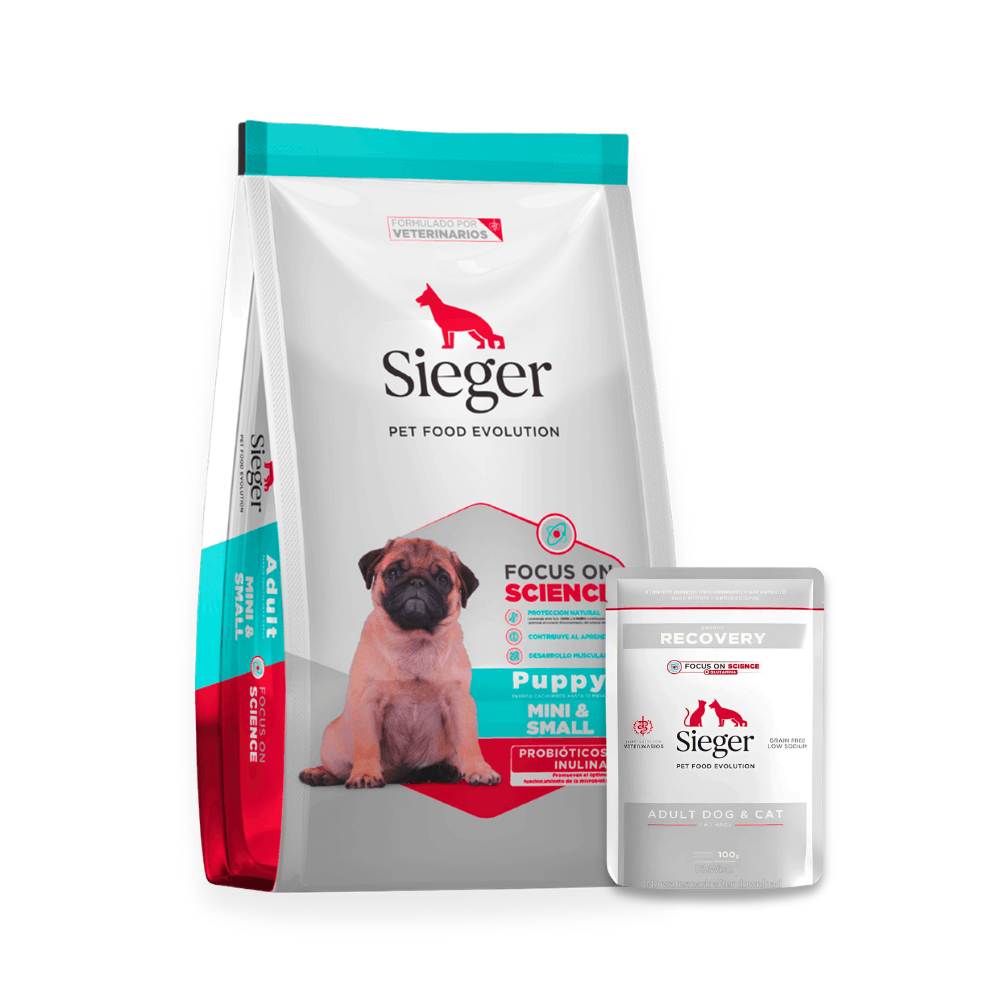 Combo Sieger Cachorro Mini 3kg + Pouch Húmeda Recovery 100g 3 kg Seco + Pouch Recovery 100g