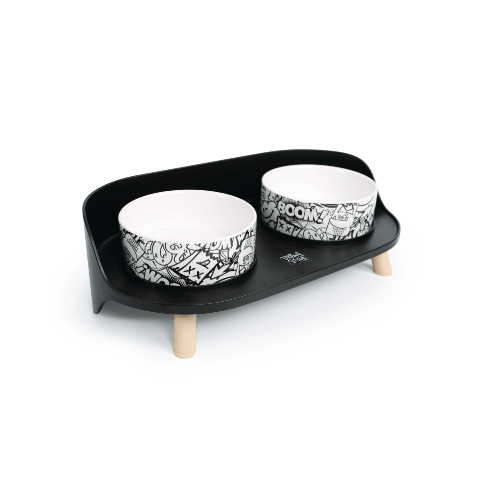 Tazón Elevado Doble Para Gato Blanco y Negro M-PETS 2 x 450 ml