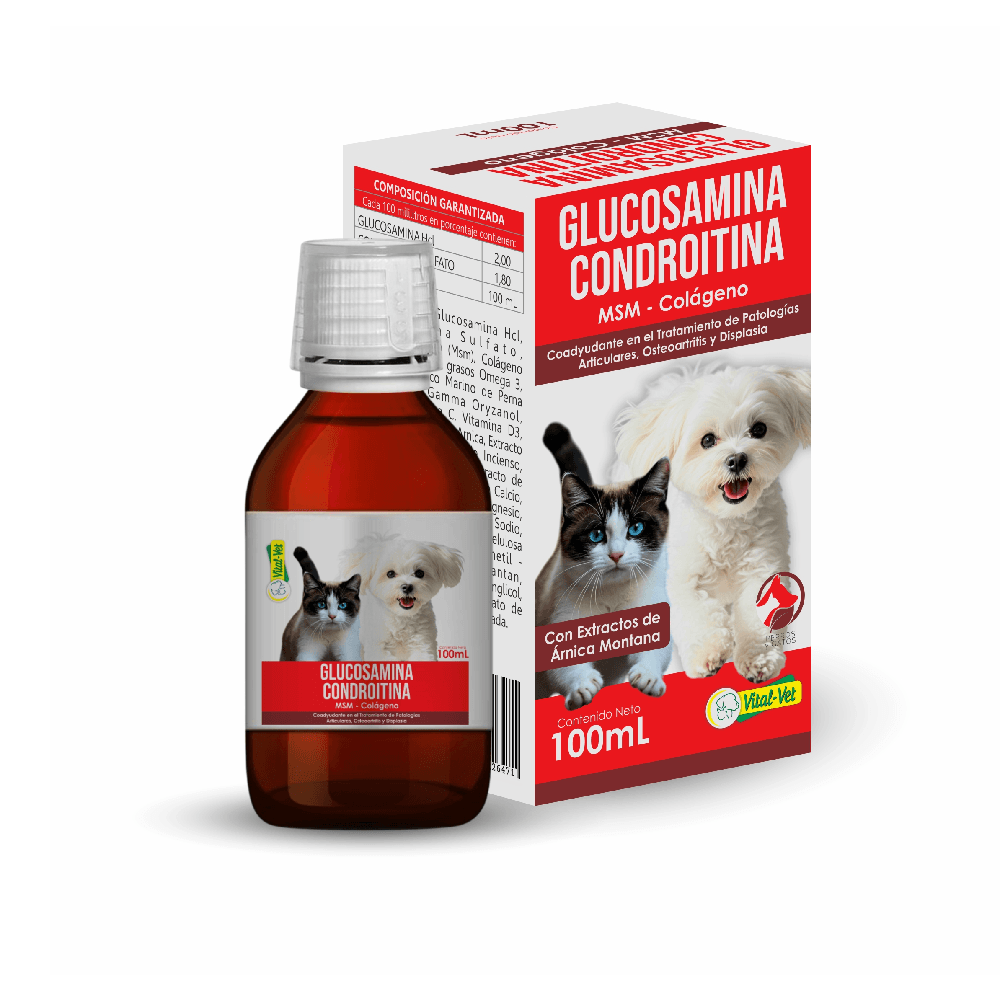 Suplemento articular líquido para mascotas Glucosamina Condroitina Vital Vet 100 ml