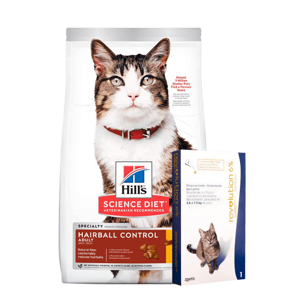 Combo Hills Gato Adult Hairball 1.59kg + Revolution 6% 0.75mL 3,5 lb & 2,6 - 7,5 kg