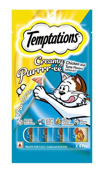 Snack Cremoso para Gato Temptations Pollo y Atún 4 u