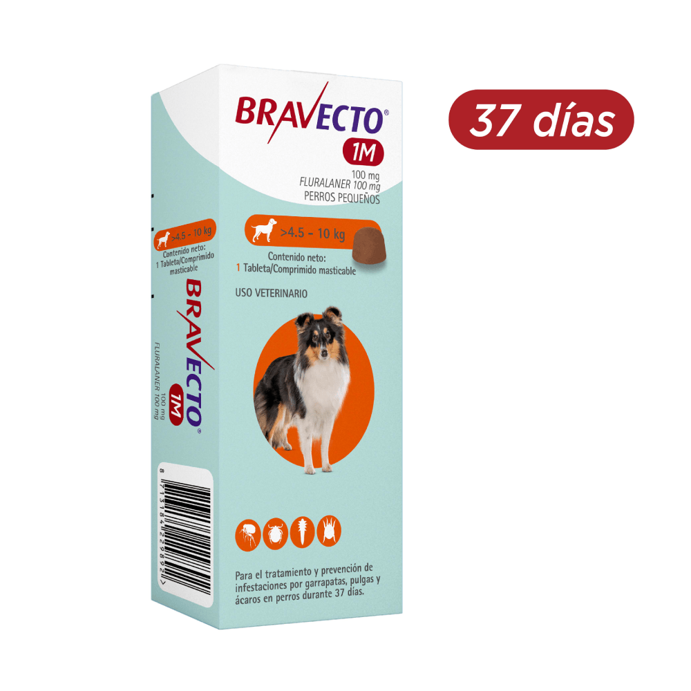 Antipulgas y garrapatas Para Perro Bravecto - 37 días Perros pequeños - Tab/4,5 A 10 kg - 100 mg