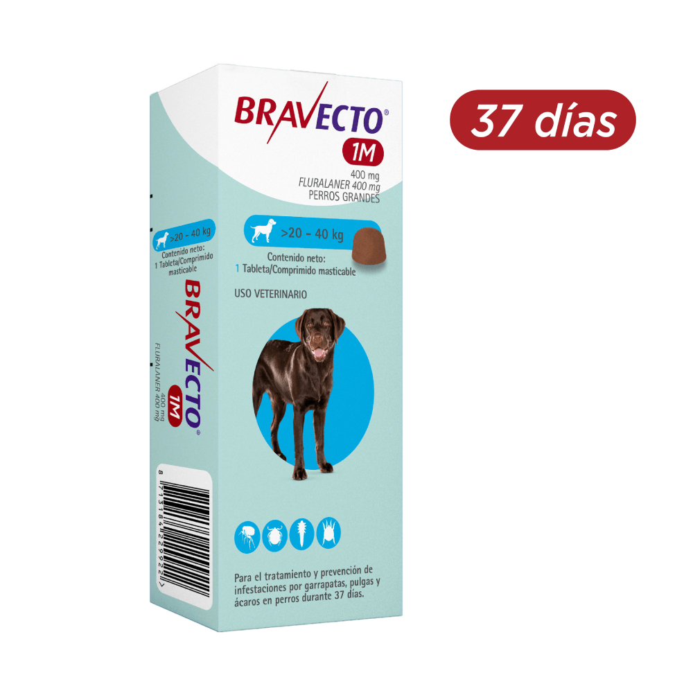 Antipulgas y garrapatas Para Perro Bravecto - 37 días Perros grandes - Tab/20 A 40 kg - 400 mg