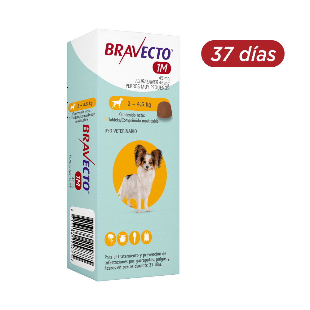 Antipulgas y garrapatas Para Perro Bravecto - 37 días Perros muy pequeños - Tab/2 A 4,5 kg - 45 mg