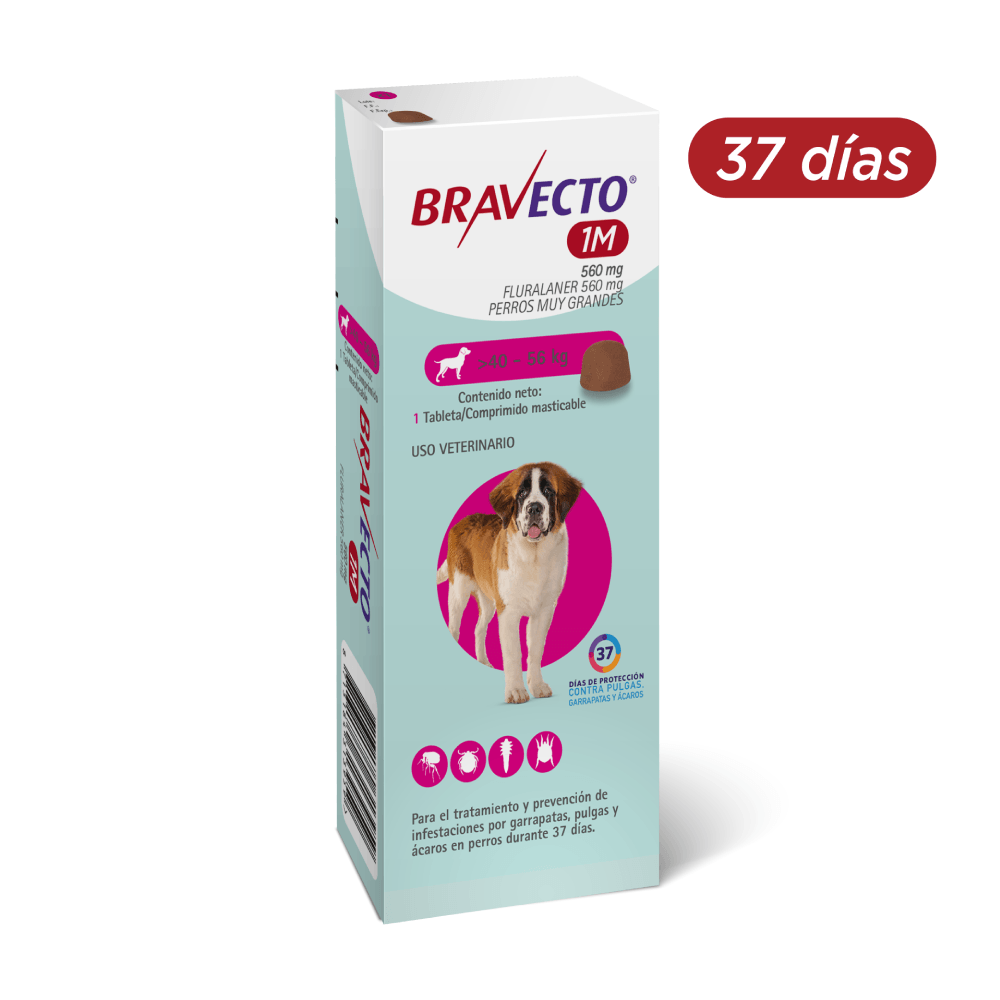 Antipulgas y garrapatas Para Perro Bravecto - 37 días Perros muy grandes Tab/40 A 56 kg - 560 mg